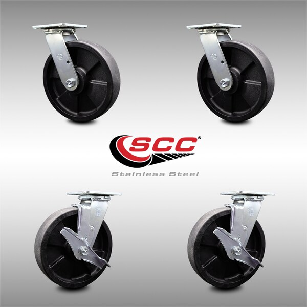 8 Inch SS Glass Filled Nylon Swivel Caster Set with Roller Bearings 2 Brakes SCC